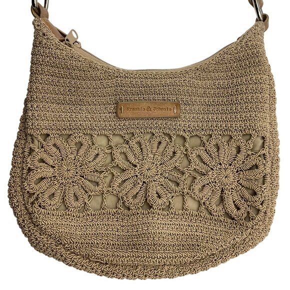 Frankie & Johnnie Shoulder Bag Purse Beige Crochet Rope Floral Coastal Boho - Picture 1 of 13